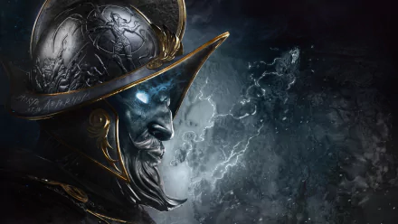 HD wallpaper of the video game New World featuring a detailed, armored character with glowing eyes against a dark, atmospheric background.