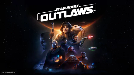 HD desktop wallpaper and background image for the video game Star Wars Outlaws, showcasing various characters in an epic, space-themed setting.