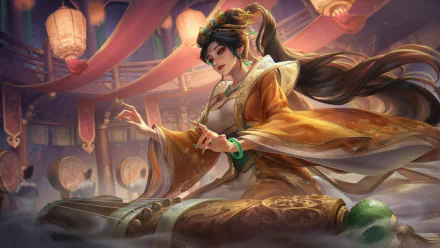 HD desktop wallpaper featuring Sona from League of Legends in an elegant setting, dressed in ornate robes, playing her instrument against a backdrop with lanterns and flowing fabrics.