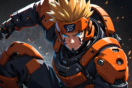 4K Ultra HD anime wallpaper featuring Naruto in a dynamic pose wearing futuristic mech armor with intense expression and detailed mechanical elements.