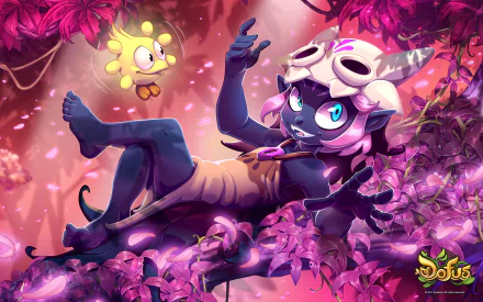 HD desktop wallpaper of a Dofus-inspired scene featuring a mystical character relaxing amidst vibrant, pink foliage with a small glowing creature floating nearby.