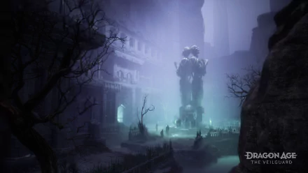 HD desktop wallpaper and background featuring a mystical landscape from the video game Dragon Age: The Veilguard, showcasing an eerie, ancient statue amidst fog and ruins.