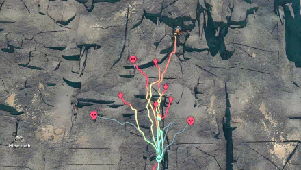 HD desktop wallpaper for the video game Cairn, showing a rocky terrain with colorful lines branching out from the bottom to various points on the cliff face.