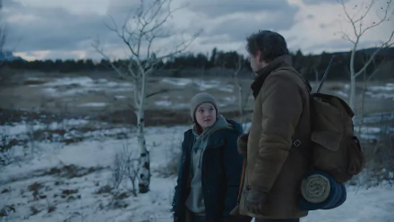 An 8K Ultra HD PC desktop wallpaper from The Last Of Us featuring two characters in a snowy, desolate landscape with bare trees and a cloudy sky.