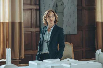 HD desktop wallpaper featuring a scene from the movie Under Paris, showing a woman in a suit standing in a wood-paneled room with a model layout on the table in front of her.