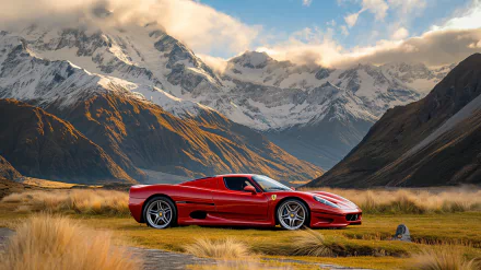 HD PC desktop wallpaper featuring a red Ferrari F50 parked in a scenic mountain valley with dramatic clouds and rugged peaks in the background.