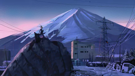 Anime-style HD desktop wallpaper featuring Kikoru Shinomiya from Kaiju No. 8 overlooking a snowy mountain landscape with power lines at dusk.