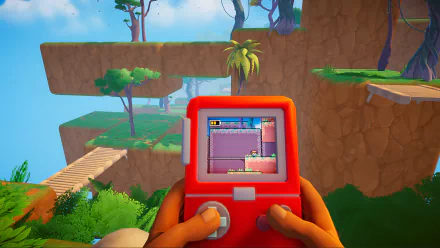 A vibrant HD desktop wallpaper featuring a retro handheld game console amidst a lush, colorful video game world. Tagged: video game, Screenbound.