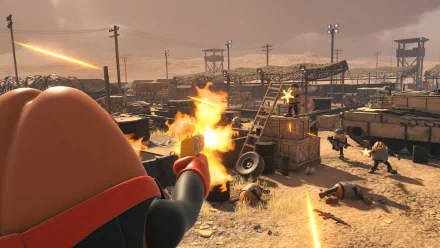 HD desktop wallpaper of Killer Bean engaging in a dynamic shootout scene from a video game, with explosions and combat in a desert-like environment.