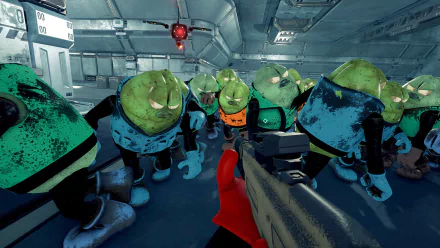 An HD desktop wallpaper of the video game Killer Bean depicts green bean characters in a sci-fi setting. A player holds a firearm in the foreground, facing the group of beans.