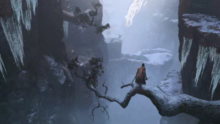 HD desktop wallpaper of Sekiro: Shadows Die Twice. A lone warrior stands on a snowy tree branch in a dark, icy canyon.