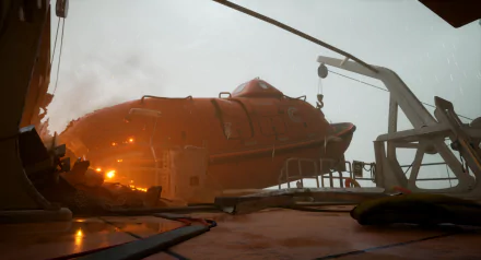 HD desktop wallpaper and background featuring a fiery lifeboat scene from the video game Still Wakes the Deep, depicting intense lighting and detailed graphics.