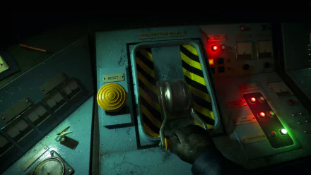 HD desktop wallpaper of the video game Still Wakes the Deep, featuring a tense atmosphere with a hand operating a lever on a control panel illuminated by various lights.