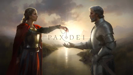 HD wallpaper of Pax Dei video game, featuring a warrior and knight exchanging a red ribbon at sunset over a serene river.