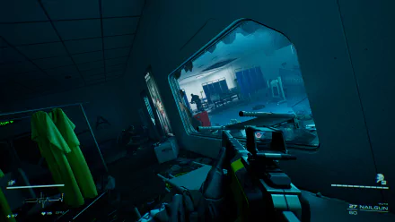 HD desktop wallpaper showing a scene from the video game Level Zero: Extraction, featuring a first-person view with a futuristic weapon, looking into a room through a broken window.