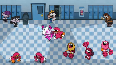 HD desktop wallpaper and background from the video game BLUD, featuring cartoon characters in a school hallway with lockers, engaged in various activities and interactions.