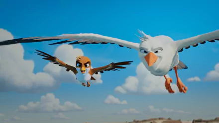 HD desktop wallpaper featuring characters from the movie A Stork's Journey 2 flying in a bright blue sky with fluffy clouds.