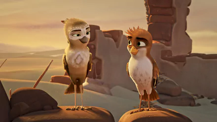 Two animated birds from A Stork's Journey 2 perched on rocks in a serene desert environment, featured in a HD desktop wallpaper and background.