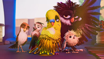 HD wallpaper featuring characters from the movie A Stork's Journey 2, showing an expressive group of animated birds standing together against a brightly lit background.