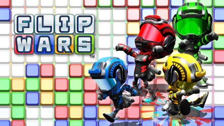 Flip Wars 4K Ultra HD PC desktop wallpaper and background: four colorful helmeted flip-bots — red, green, blue, yellow — leaping over a bright multicolored tiled grid.