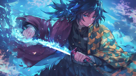 Anime illustration of Giyuu Tomioka from Demon Slayer: Kimetsu no Yaiba, featuring him in a dynamic pose with his sword drawn, against a vibrant blue background. This is a HD desktop wallpaper.