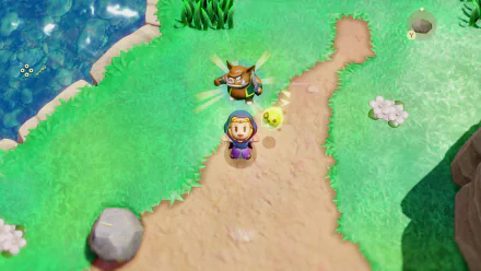 HD desktop wallpaper from the video game The Legend of Zelda: Echoes of Wisdom. Energetic in-game scene with vibrant green landscapes, characters on a path, and a pond in the corner.