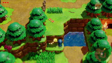 This HD desktop wallpaper features a lush, vibrant scene from the video game The Legend of Zelda: Echoes of Wisdom, showcasing a character surrounded by greenery and a tranquil pond.