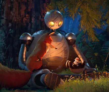 HD desktop wallpaper featuring a scene from the movie The Wild Robot, showcasing a robot with glowing eyes, interacting with a fox in a lush forest setting.