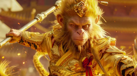 HD desktop wallpaper featuring Sun Wukong, the golden fantasy warrior, in detailed battle armor, wielding a staff with a fierce and determined expression.