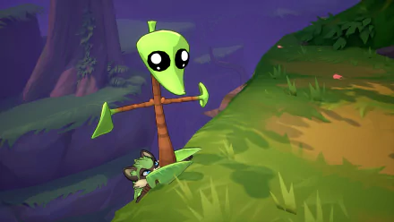 HD desktop wallpaper featuring a scene from the video game Rivals 2, showing a cute animal character and a quirky, green scarecrow-like figure in a lush, vibrant forest setting.