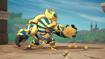 HD desktop wallpaper featuring a character from the video game Rivals 2, showcasing a majestic, armored figure with Egyptian-themed design in a dynamic pose against a scenic background.