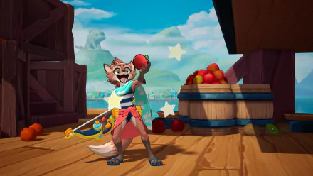 HD desktop wallpaper of Rivals 2 video game featuring an animated fox character holding a tomato, with a vibrant and colorful background of crates and barrels on a wooden platform.