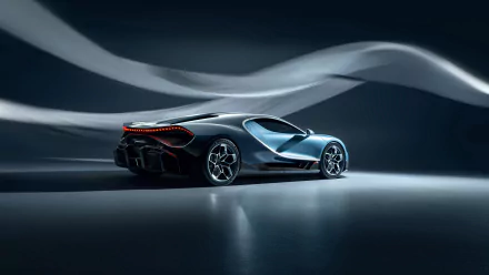 HD wallpaper featuring a sleek Bugatti Tourbillon car against a dark background with wavy light trails, showcasing its elegant design and dynamic presence.