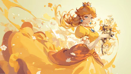 HD desktop wallpaper of Princess Daisy from Super Mario Bros., featuring her in a flowing orange and yellow dress holding flowers with a vibrant and dynamic background.