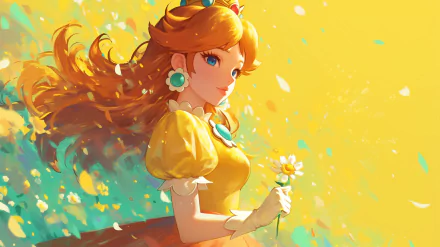 HD desktop wallpaper featuring Princess Daisy from the Super Mario Bros. video game, wearing a yellow dress and holding a flower, set against a vibrant, colorful background.
