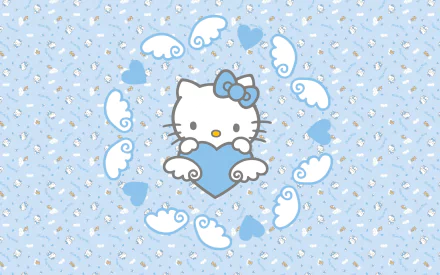 HD desktop wallpaper featuring Sanrio's Hello Kitty holding a blue heart, surrounded by blue hearts and white clouds on a light blue patterned background.