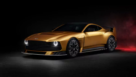 HD desktop wallpaper featuring a sleek, gold Aston Martin Valiant car against a dark background, showcasing its detailed design and powerful appearance.