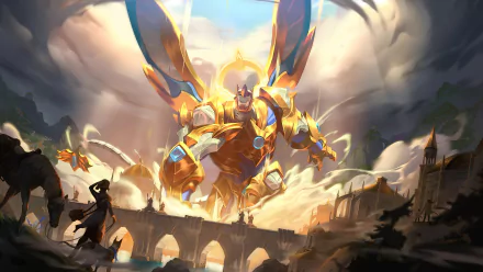 HD desktop wallpaper of Galio, a character from the video game League of Legends, featuring him soaring above a dramatic landscape with a bridge and distant structures.