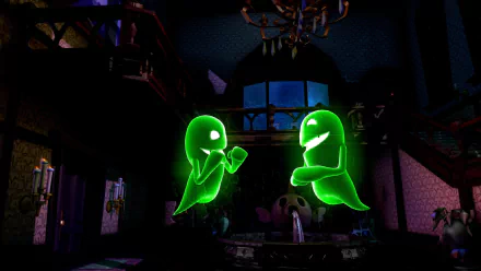 HD desktop wallpaper from Luigi's Mansion 2 featuring two glowing green ghosts in a dimly lit mansion interior.