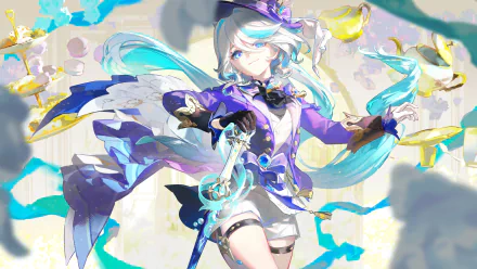 4K Ultra HD PC desktop wallpaper featuring Furina, a girl character from the video game Genshin Impact, surrounded by vibrant, ethereal blue and purple elements.