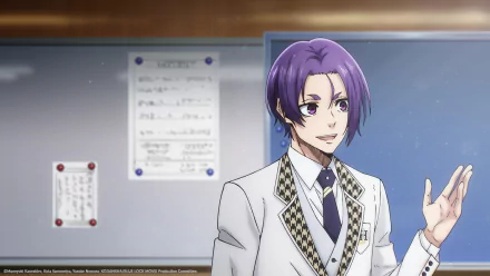 HD desktop wallpaper featuring Reo Mikage from the anime Blue Lock, with Reo wearing a white school uniform and standing in front of a classroom.