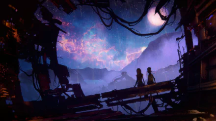 HD desktop wallpaper showing a scene from the TV show Star Trek: Prodigy, featuring two silhouetted figures against a cosmic landscape with a moon and vibrant nebula in the background.