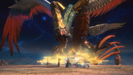 HD wallpaper of Final Fantasy XIV: Dawntrail featuring a massive, fierce dragon and several warriors in an intense battle, set against a dramatic, star-lit sky.