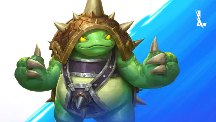 HD wallpaper featuring Rammus from League of Legends: Wild Rift. The armored, spiked character stands confidently against a blue and white background.