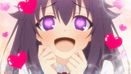 HD desktop wallpaper featuring an expressive anime character from My Deer Friend Nokotan with heart-shaped eyes and animated hearts surrounding them.