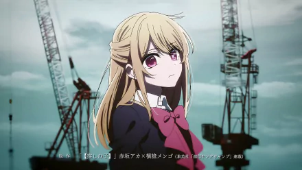 HD desktop wallpaper featuring Ruby Hoshino from the anime Oshi no Ko. She stands confidently with a background of cranes and a cloudy sky.