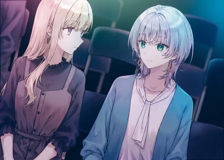 HD desktop wallpaper featuring two animated characters from Days with My Stepsister, depicting a blonde girl in a brown dress and a grey-haired girl in a blue cardigan, sitting and looking at each other.