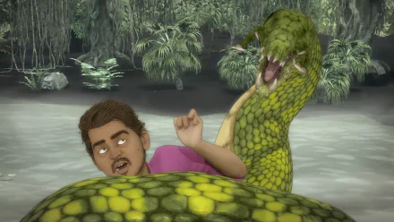 An animated scene from the TV show Psi Cops, depicting a man in distress as a large, green snake looms behind him in a dense jungle setting. HD desktop wallpaper and background.