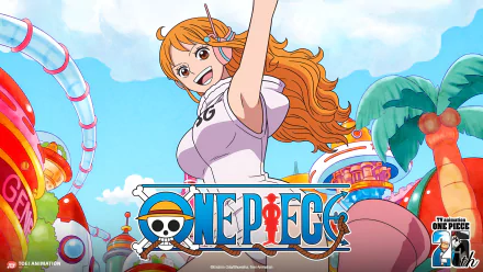 Anime HD desktop wallpaper featuring Nami from One Piece with a vibrant amusement park background and the One Piece logo prominently displayed.
