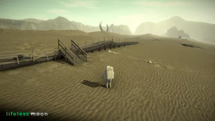 An astronaut walks on a sandy terrain with a wooden bridge and distant mountains under a cloudy sky in a scene from the video game Lifeless Moon.